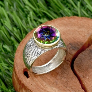 Mystic Topaz Ring, Two Tone Ring, Men&#39;s Ring, 925 Sterling Silver Men&#39;s Ring, Handmade Men&#39;s Ring, Gemstone Ring, Textured Ring