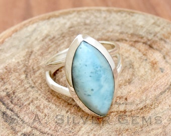 ドミニカ産ラリマーリング、925スターリングシルバーリング、マーキス