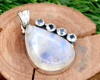 Rainbow Moonstone 925 Sterling Silver Pendant: Blue Topaz Boho Jewelry