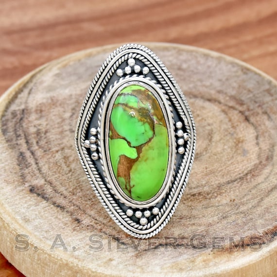 Green Copper Turquoise Ring: Handmade 925 Sterling Silver Jewelry