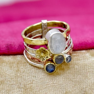 925 Sterling silver, Natural Moonstone Ring, Labradorite Ring, 5 band ring, Hammered Ring, Interlocked Ring, Three Tone Ring, Indian Jewelry
