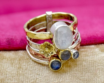 925 Sterling Silber, Natürlicher Mondstein Ring, Labradorit Ring, 5 Band Ring, Gehämmerter Ring, Interlocked Ring, Zweifarbiger Ring, Indischer Schmuck