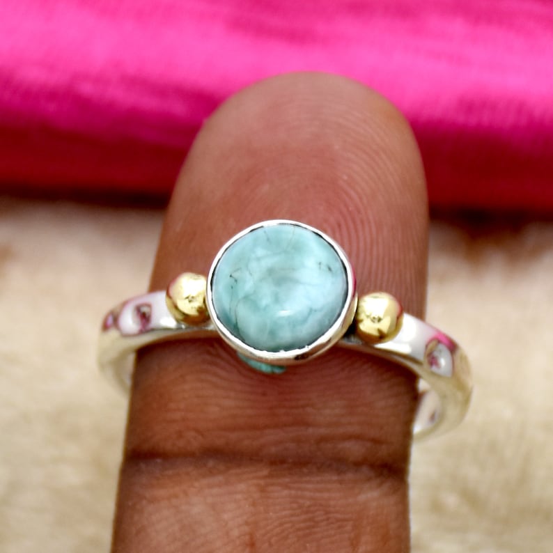 925 Sterling Silver Ring Larimar Ring Round Gemstone Ring Two Tone Ring Handmade Jewelry Anniversary Ring Gift For Her Hammered Ring