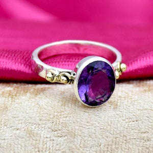 Amethyst Ring, 925 Sterling Silver Ring, Gemstone Ring, Handmade Ring, Two Tone Ring, Hammered Ring, Faceted Amethyst Ring, Gift For Her