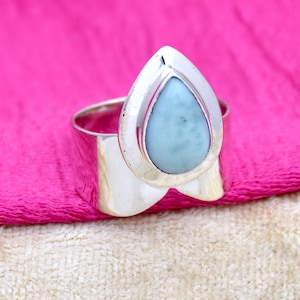 Natural Larimar Ring, 925 Sterling Silver Ring, Statement Ring, larimar boho ring, Handmade Jewelry, anniversary gift For Her, Promise ring