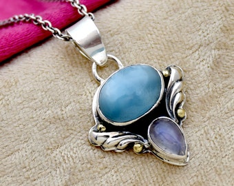 Larimar and Moonstone Pendant: Handmade 925 Sterling Silver Necklace