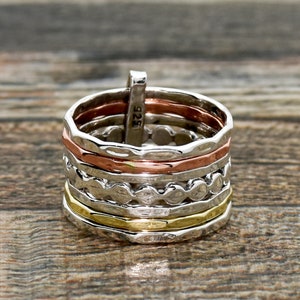 Hammered 925 Sterling Silver Multi-Band Ring: Three-Tone Stacking Ring