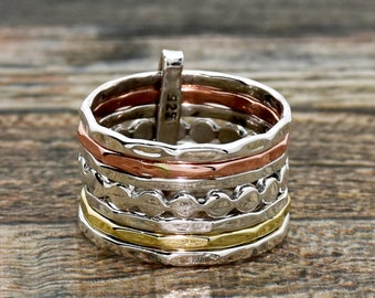Seven Band Silver Ring, Hammered Multi-Band Silver Ring, Two Tone Ring, 7 Day Silver Ring, Women's Silver Ring, Silver Brass Band Ring