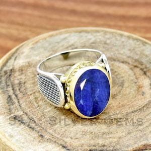 Indian Blue Sapphire Ring, Handmade Ring, Two Tone Ring, Gemstone Ring for men's, Sapphire Ring, Faceted Gemstone Ring, Party wear Ring