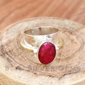 Indian Ruby Ring, 925 Sterling silver Ring, Two Tone Ring, Wide Band Ring, Wedding Band, Anniversary Ring, Handmade Jewelry, Gift For Her.