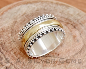 925 Sterling Silver Spinner Ring: Two-Tone Brass Meditation Band