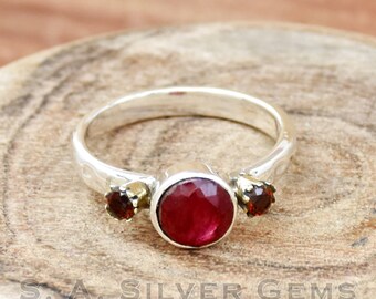 Handmade Three Stone Ring: Ruby, Garnet, 925 Sterling Silver