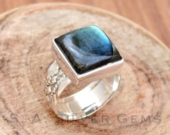 925 Sterling Silver Labradorite Ring, Handmade Boho Statement Jewelry, Minimalist Rings, Gift for Her