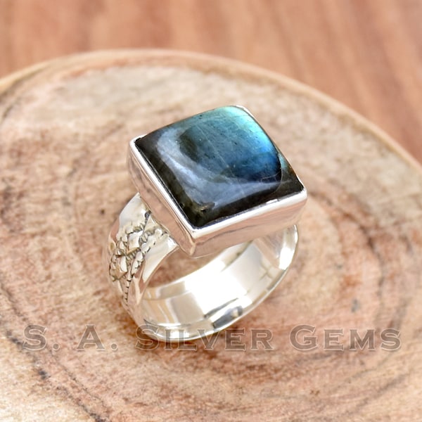 Natural Labradorite Ring, Wedding Ring, 925 Sterling Silver Ring, Handmade Ring, Square Cut Ring, Wide Band Ring, Gift For Her, Dainty Ring.