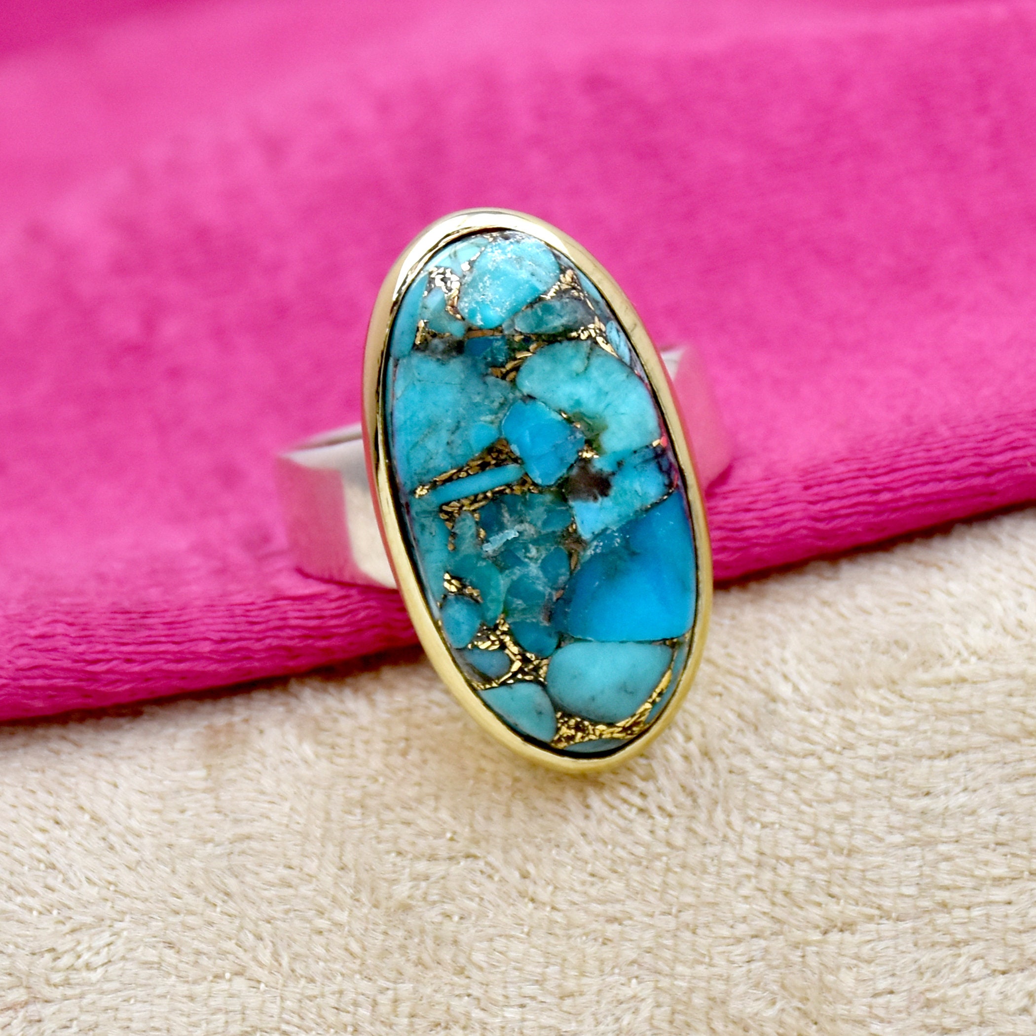 Blue Copper Turquoise Ring: Oval Gemstone, 925 Sterling  Turquoise Large Oval Natural Stone Copper Ring Adjustable Band Sizes 7-8-9 main image 0