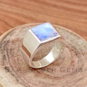 Handmade Rainbow Moonstone Ring: 925 Sterling Silver Men's Wedding Band