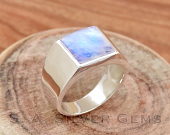 Handmade Rainbow Moonstone Ring: 925 Sterling Silver Men's Wedding Band