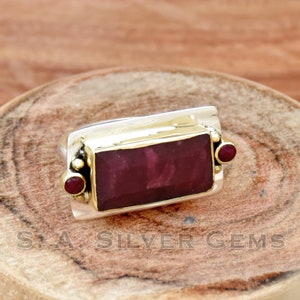 Indian Ruby & Garnet Ring, Wide Stone Ring, 925 Sterling silver Ring, Two Tone Ring, Wedding Band, Anniversary Ring, Handmade Jewelry