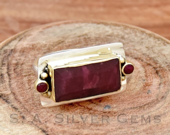 Indiase Ruby & Garnet Ring, brede stenen ring, 925 Sterling zilveren ring, tweekleurige ring, trouwring, jubileumring, handgemaakte sieraden