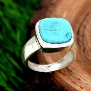 Anillo turquesa, anillo de plata de ley 925, anillo hecho a mano, anillo con piedras preciosas en forma de cojín, anillo llamativo, anillo de aniversario, anillo bohemio, regalo para ella