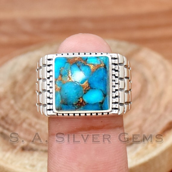 Anello da uomo in turchese blu rame: fatto a mano in argento Anello da uomo in turchese blu rame: fatto a mano in argento