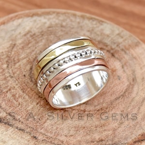 Bague toupie, bague trois tons, bague en argent sterling 925, bague toupie martelée, bague de méditation, bague multibande, bague tendance, bague femme