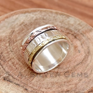 Spinner Ring, Three Tone Ring, Meditation Spinner Ring Christmas Gift, Hammered Spinner Ring, 925 Sterling Silver Ring, Wide Band ring