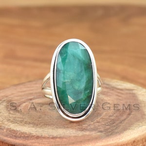 Handmade 925 Sterling Silver Indian Emerald Ring: Long Oval Bohemian Statement Ring