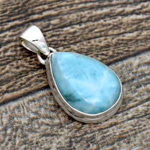Natural Larimar Sterling Silver Pendant, Dominican Larimar Pendant, Pear Gemstone Pendant, Statement Pendant, Handmade Pendant For Necklace