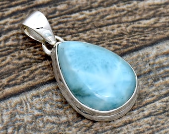 Natürlicher Larimar Sterling Silber Anhänger, Dominikanische Larimar Anhänger, Birne Edelstein Anhänger, Statement Anhänger, Handgemachter Anhänger für Halskette