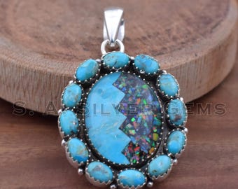 925 Sterling Silver Pendant, Turquoise Inlay Ethiopian Opal Pendants, Inlay Boho Jewelry For Her