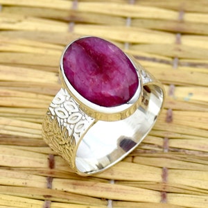 Bague en argent sterling 925 avec rubis indien : bague texturée tendance