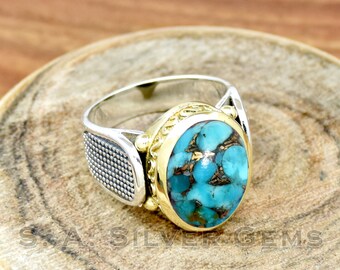 ブルーコッパーターコイズリング：ハンドメイド925スターリング