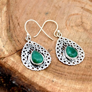 Emerald Earring, 925 Sterling Silver Earring, Handmade Earring, Indian Emerald Earring, Statement Earring, Anniversary Gift For Her