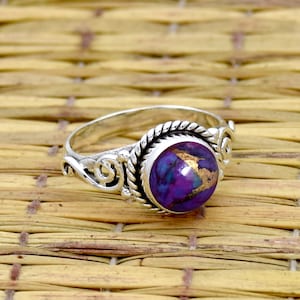 Lila Kupfer Türkis Ring, massiver Sterling Silber Salver Ring, Türkis Edelstein Ring, Statement Ring, 925 Silber Boho Ring, zierlicher Silber Ring