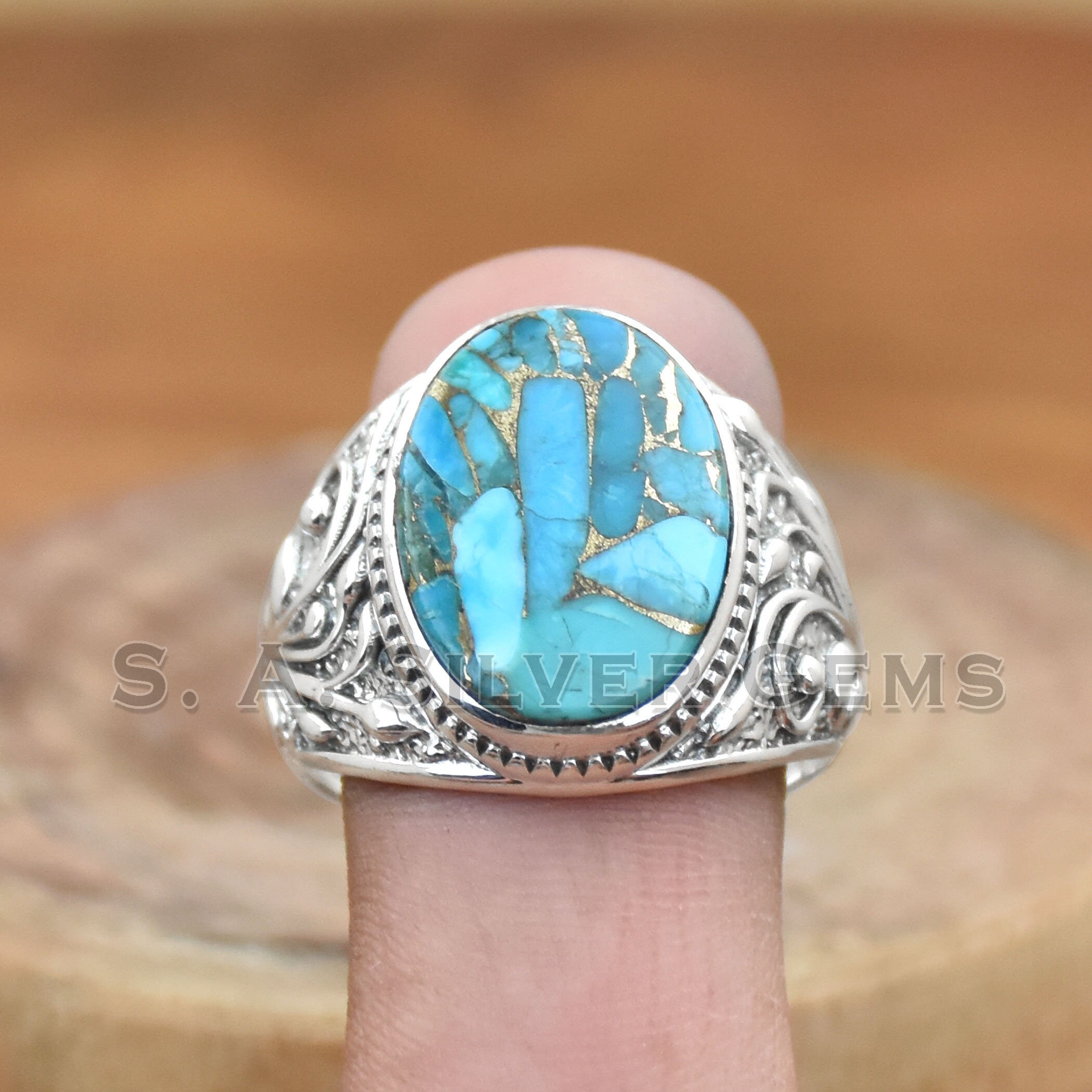ブルーコッパーターコイズリング：925スターリングシルバー