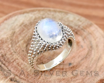 Rainbow Moonstone Ring: Handmade 925 Sterling Silver, Men's Wedding Band