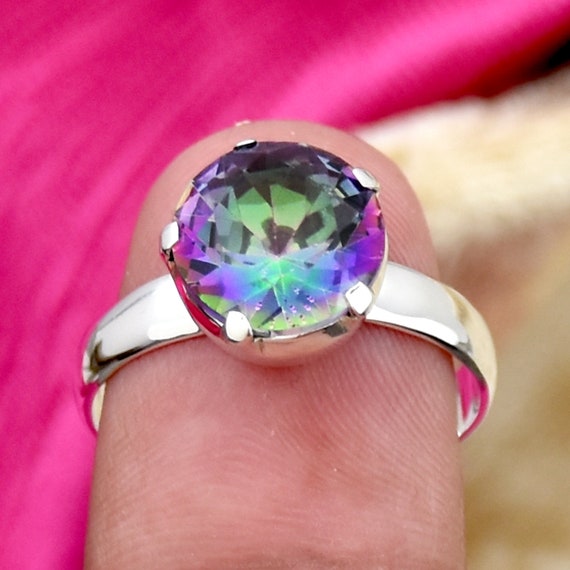 Anello Artigianale In Argento 925 Con Topazio Mistico (Lab-Created) – Taglie USA 5-10, Fatto A Mano In India