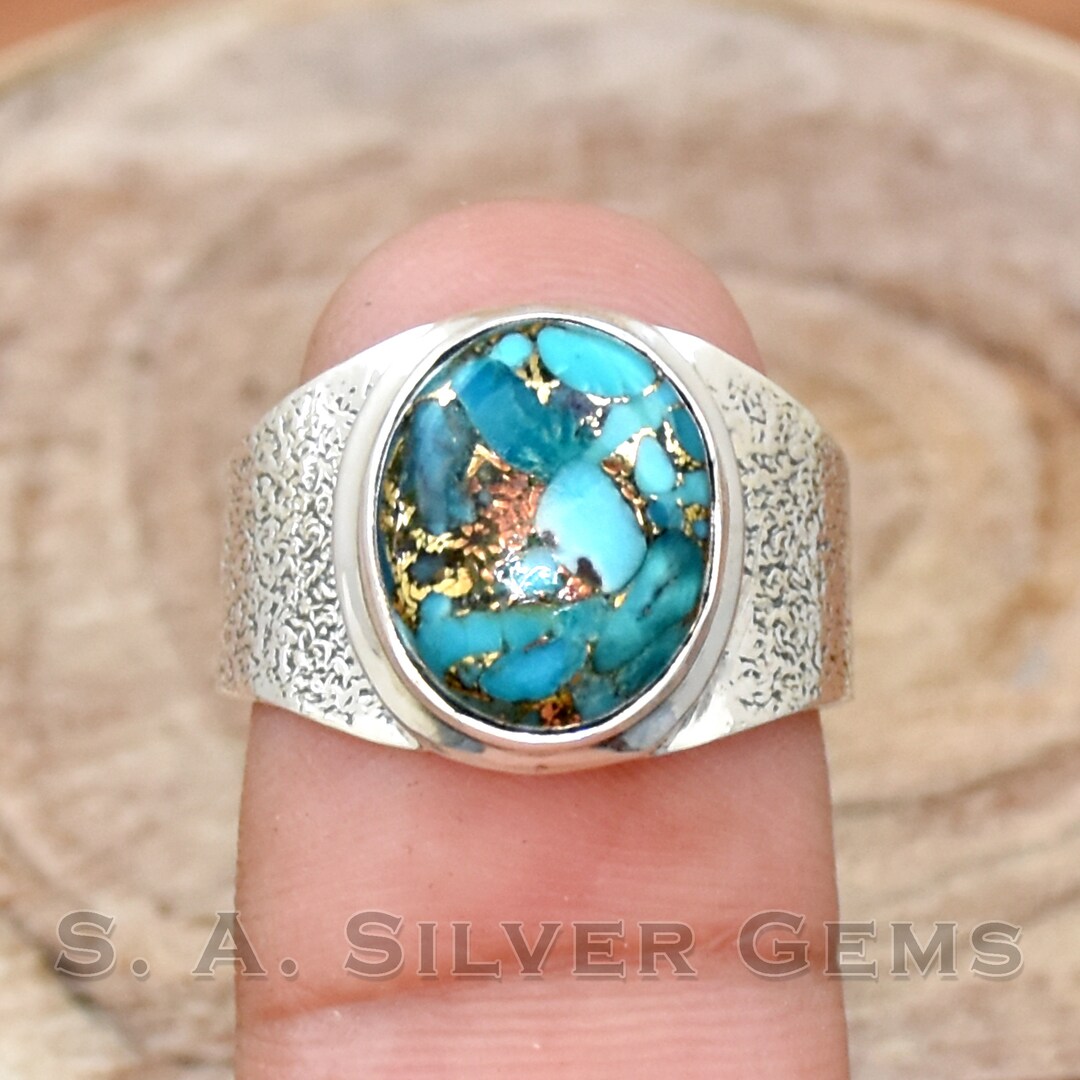 Blue Copper Turquoise Ring - .925 Sterling Silver Bold Statement Ring With Brass Accents - View #6