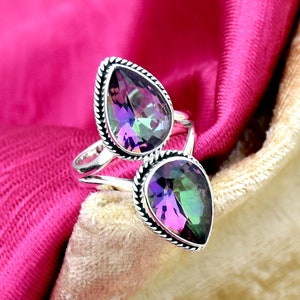 Mystic Topaz Ring, 925 Sterling Silver Ring, Statement Ring, Bohemian Ring, Pear Gemstone Ring, Handmade Ring, Anniversary Ring Gift For Her
