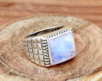 Handmade Rainbow Moonstone 925 Sterling Silver Mens Ring: Statement Cabochon