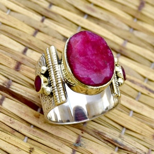 Indian Ruby Ring, Wide Band Two Tone Ring, 925 Sterling Silver Ring, Large Oval Gemstone Ring, Multi Stone Ring, Textured Band Ring Jewelry.
