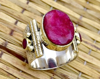 Indiase Ruby Ring, Brede Band Tweekleurige Ring, 925 Sterling Zilveren Ring, Grote Ovale Edelsteen Ring, Multi Stone Ring, Getextureerde Band Ring Sieraden.