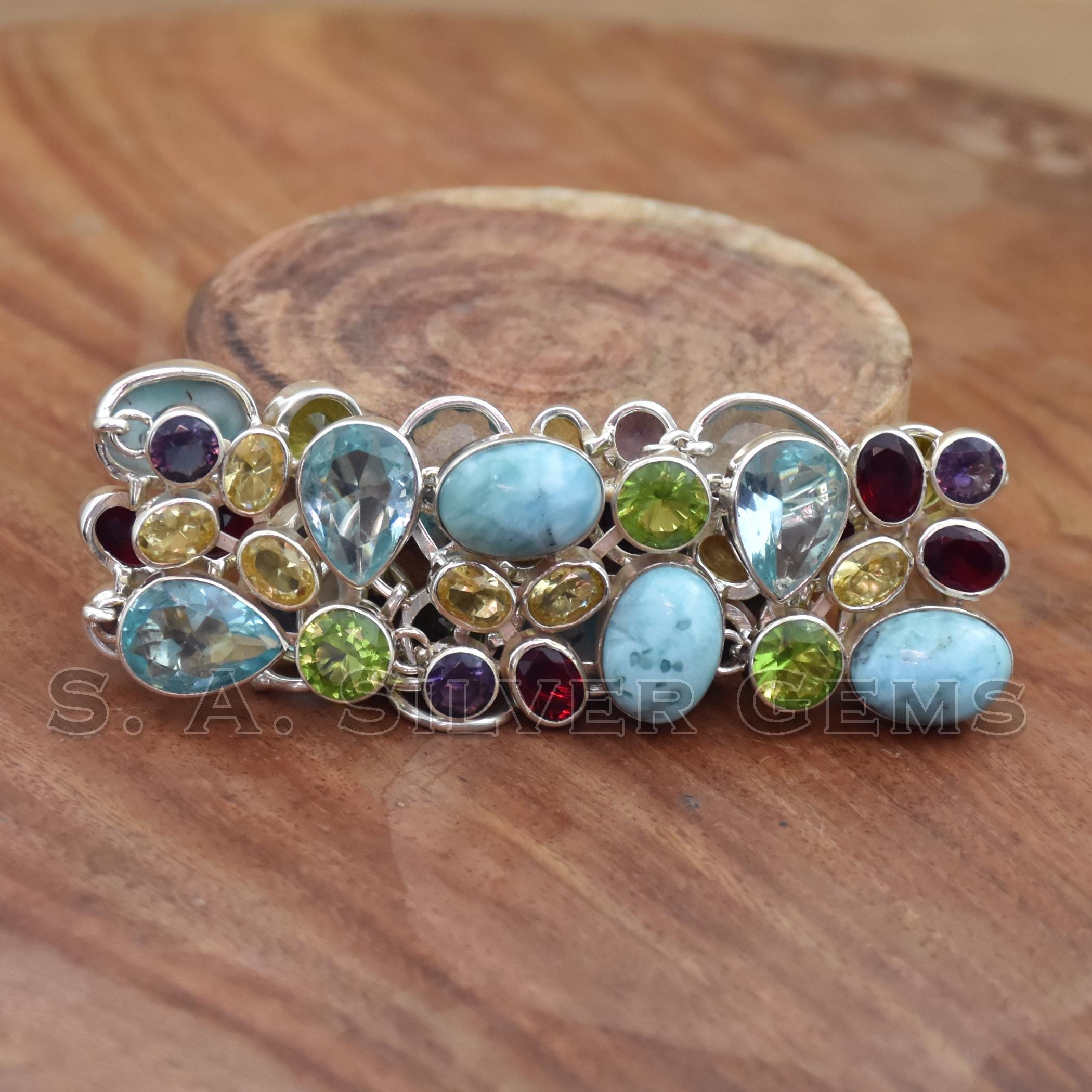 Bracelet Couple Argent 925 Citrine Et Grenat - Fait Main, Ajustable, Inde