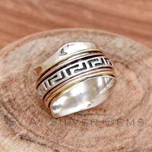 Spinner 925 Sterling Silver Ring, Meditation Spinner Ring Christmas Gift, Zigzag Spinner Band Ring, Wide Band ring, Three Tone Ring