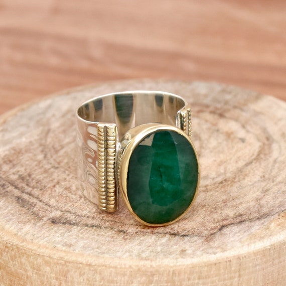 Handmade 925 Sterling Silver Emerald Ring: Two-Tone Textured Design