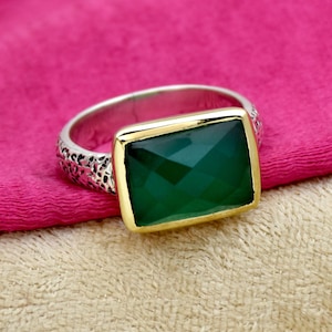 Green Onyx Ring, 925 Sterling Silver Ring, Handmade Ring, Two Tone Ring, Texture Ring, Baguette Checker Cut Ring, Gift For Her