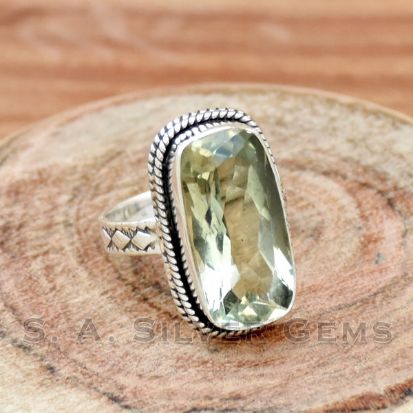 Anillo de amatista verde hecho a mano: banda llamativa de plata de ley 925