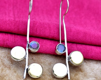 Handmade 925 Sterling Silver Labradorite Earrings: Two-Tone Gemstone Jewelry
