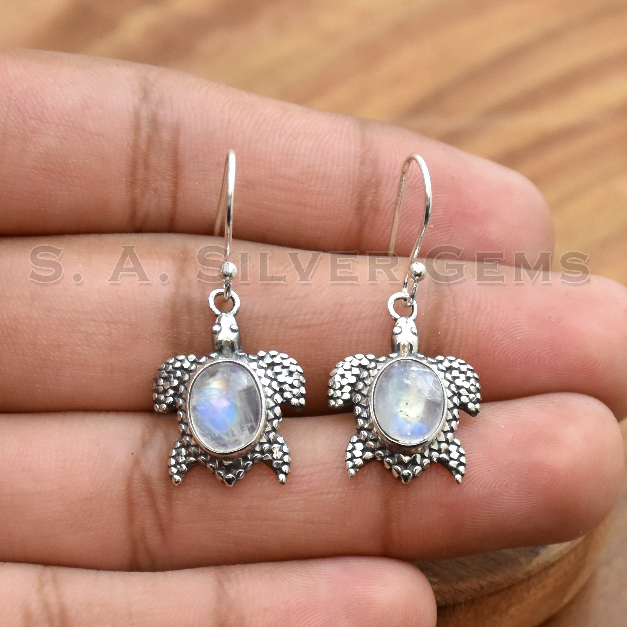 Natural Moonstone Earrings, Turtle Earrings, Handmade Earrings, 925 Silver Earrings, Gemstone Earrings, Handmade Jewelry, Gift for Women